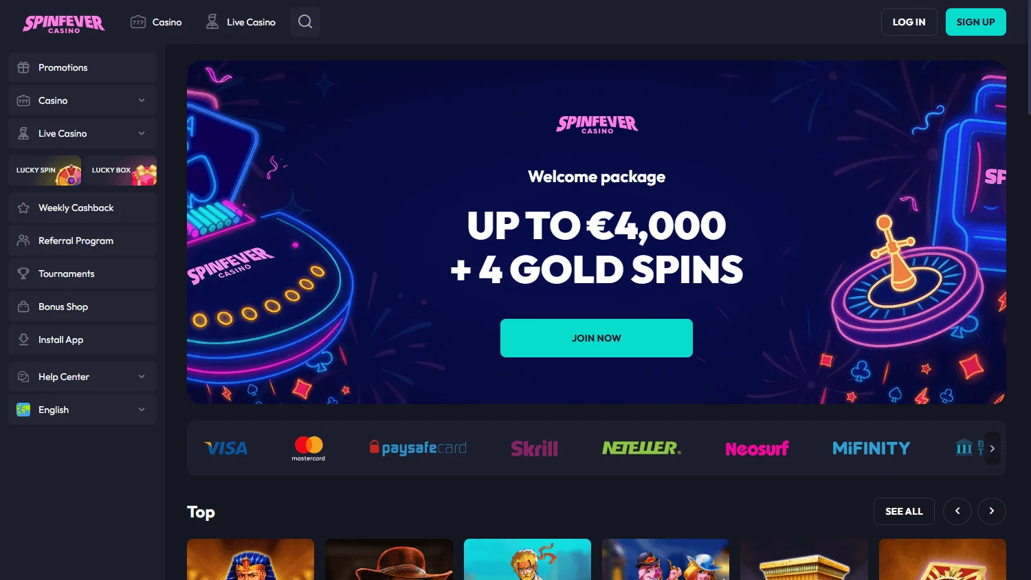 Spin Fever Casino desktop home screen with the Australian welcome package