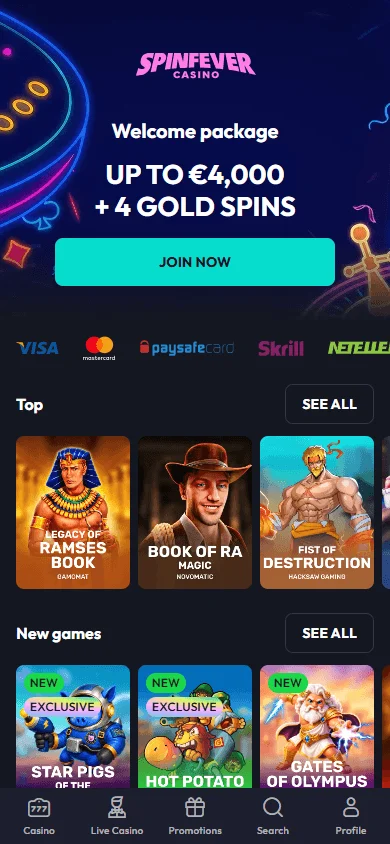 Spin Fever Casino mobile home screen opened through the browser-based app