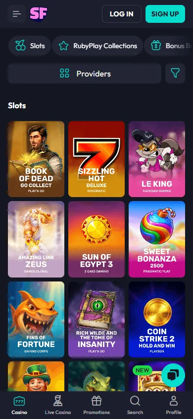 Spin Fever Casino mobile games lobby with casino titles