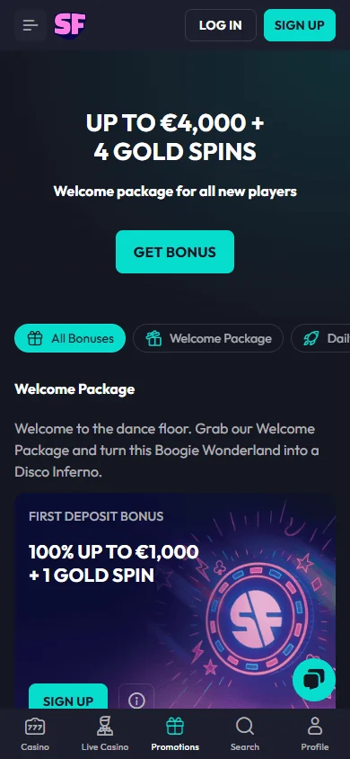 Spin Fever Casino mobile promotions area with welcome offers and rewards