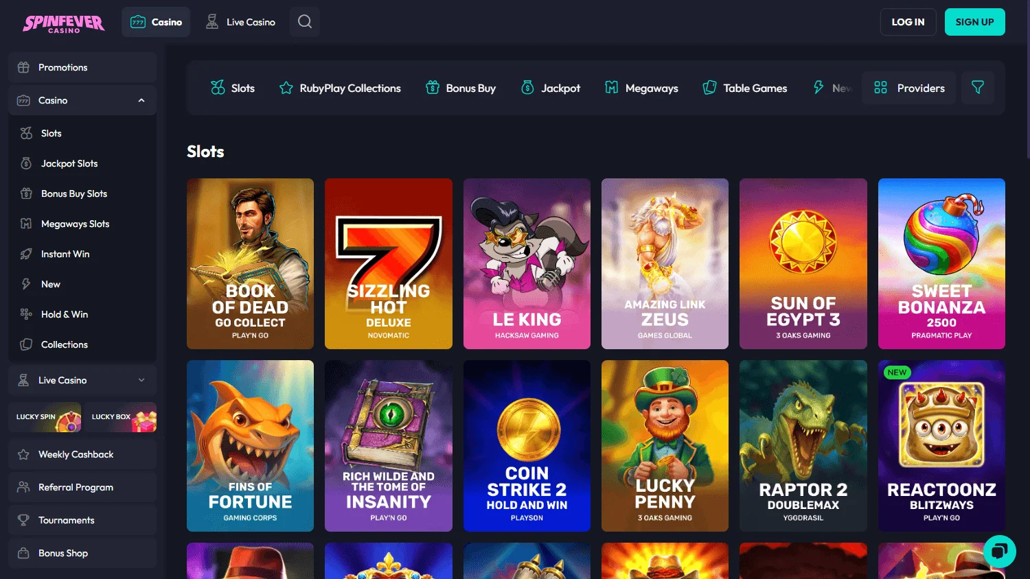 Spin Fever Casino desktop games lobby with pokies and casino games