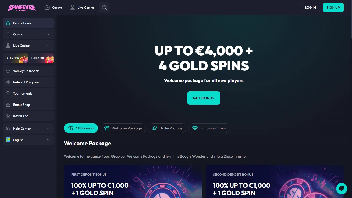 Spin Fever Casino desktop promotions area with bonuses and tournaments